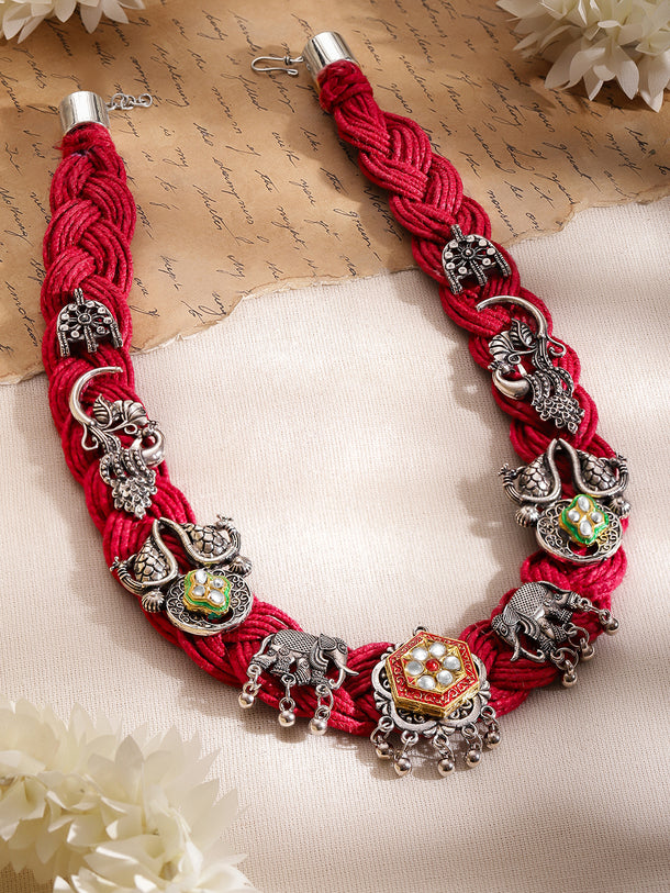 Oxidised Peacock & Elephant Motif Red Necklace