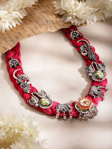 Oxidised Peacock & Elephant Motif Red Necklace