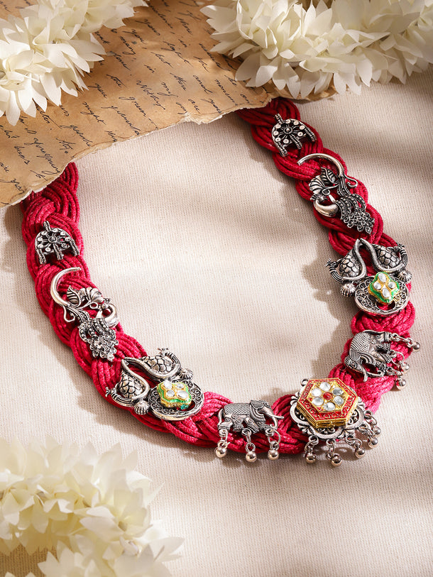Oxidised Peacock & Elephant Motif Red Necklace