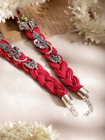 Oxidised Peacock & Elephant Motif Red Necklace