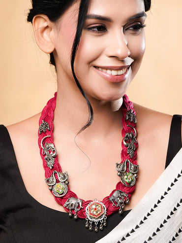 Oxidised Peacock & Elephant Motif Red Necklace