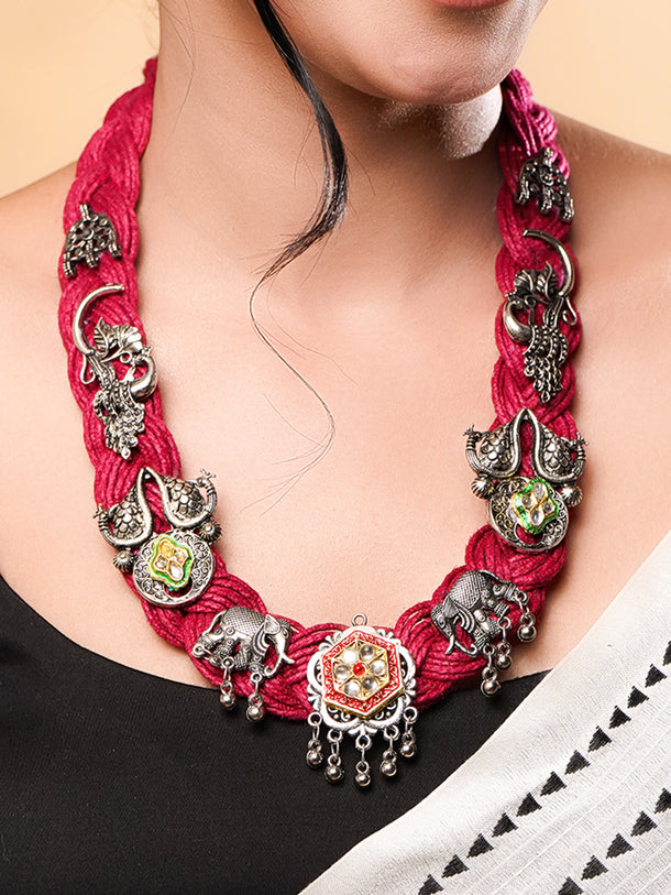 Oxidised Peacock & Elephant Motif Red Necklace