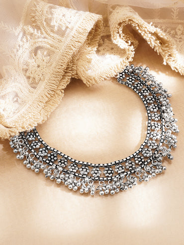 Oxidised Silver Tone Brass Ghungroo Statement Necklace
