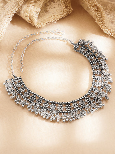 Oxidised Silver Tone Brass Ghungroo Statement Necklace