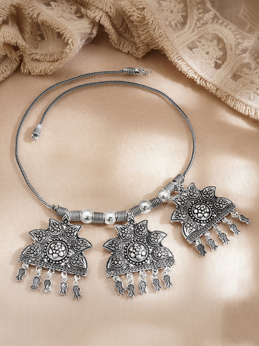 Oxidised Silver Tone Brass Vintage Floral Statement Necklace