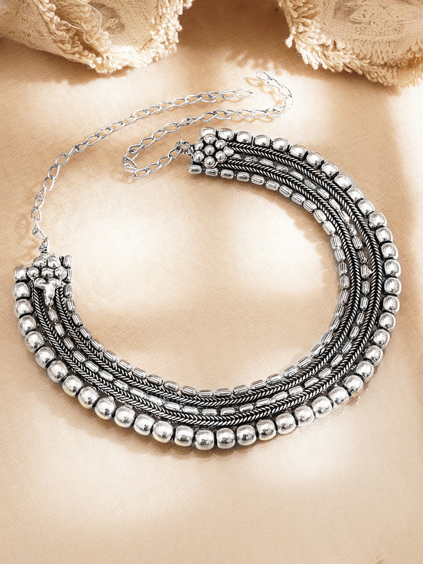 Oxidised Silver Tone Brass Layered Bead Statement Necklace