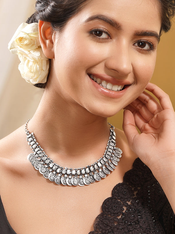 Oxidised Silver Coin Statement Necklace