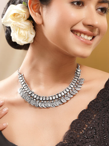 Oxidised Silver Coin Statement Necklace