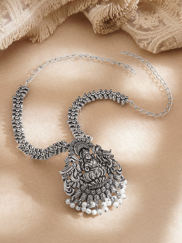 Oxidised Silver Tone Brass Temple Motif Pearl Drop Long Necklace