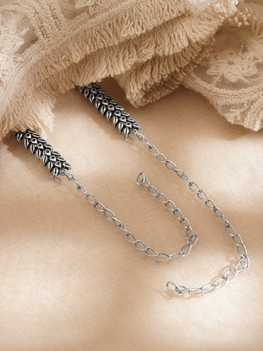 Oxidised Silver Tone Brass Temple Motif Pearl Drop Long Necklace