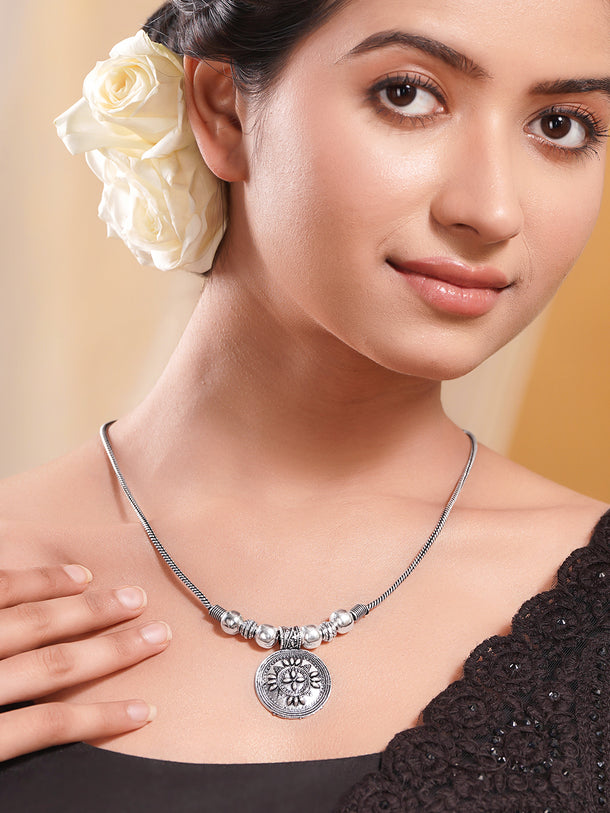 Oxidised Silver Tone Brass Engraved Motif Long Necklace