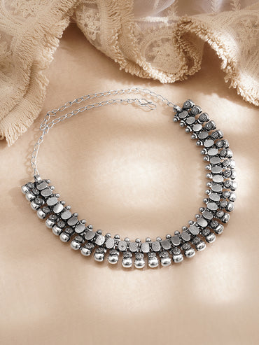 Oxidised Silver Tone Brass Oval Link Ghungroo Statement Necklace