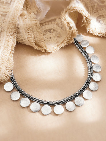 Oxidised Silver Tone Brass Coin Design Statement Necklace