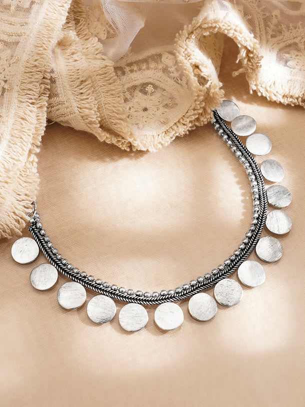 Oxidised Silver Tone Brass Coin Design Statement Necklace