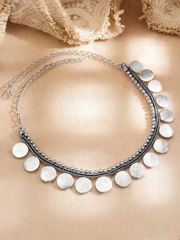Oxidised Silver Tone Brass Coin Design Statement Necklace