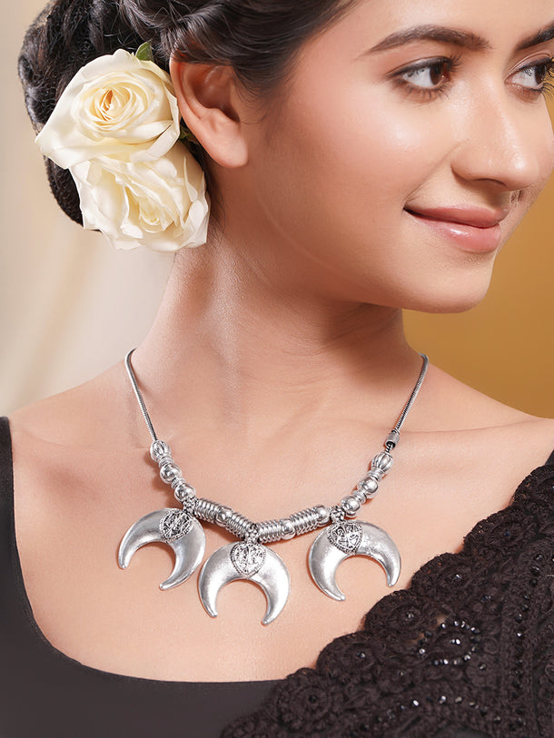 Oxidised Silver Tone Brass Bold Moon Statement Necklace