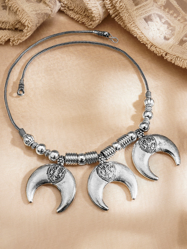 Oxidised Silver Tone Brass Bold Moon Statement Necklace