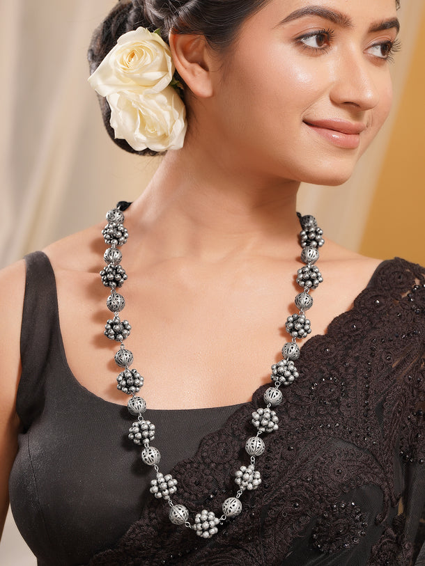 Rubans Women Silver Brass Oxidised Beaded Statement Long Necklace