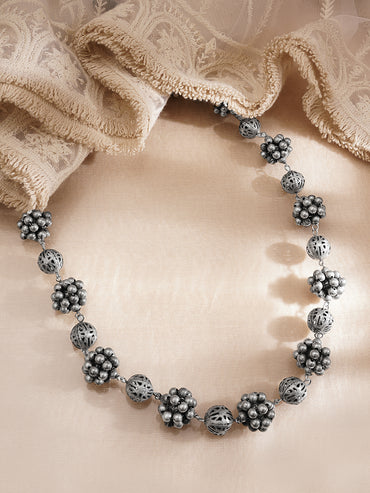 Rubans Women Silver Brass Oxidised Beaded Statement Long Necklace