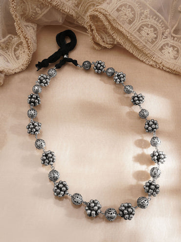 Rubans Women Silver Brass Oxidised Beaded Statement Long Necklace