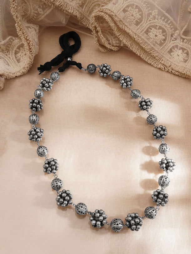 Rubans Women Silver Brass Oxidised Beaded Statement Long Necklace