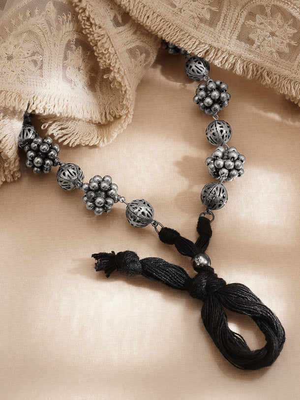 Rubans Women Silver Brass Oxidised Beaded Statement Long Necklace