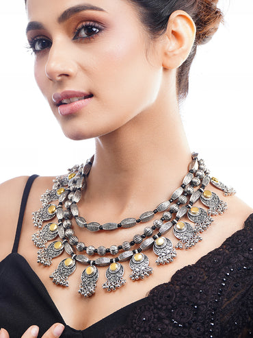 Oxidised Layered Tribal Charm Statement Necklace