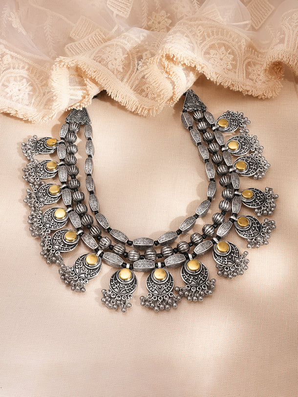 Oxidised Layered Tribal Charm Statement Necklace