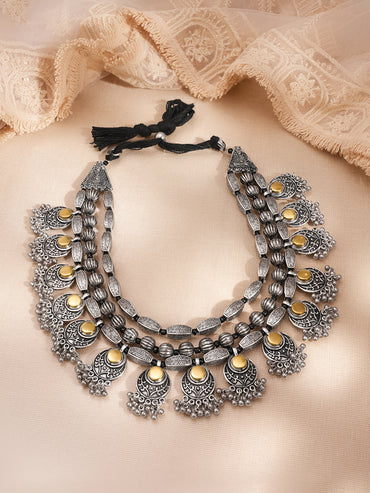 Oxidised Layered Tribal Charm Statement Necklace