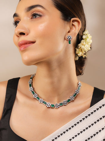Rubans Oxidised Silver Plated Handcrafted Green Stone Floral Necklace Set