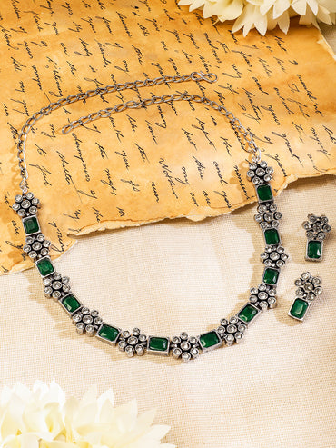 Rubans Oxidised Silver Plated Handcrafted Green Stone Floral Necklace Set
