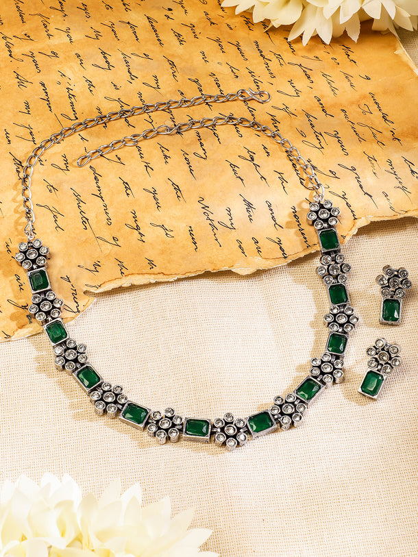 Rubans Oxidised Silver Plated Handcrafted Green Stone Floral Necklace Set