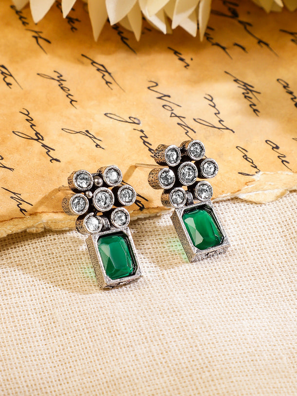 Rubans Oxidised Silver Plated Handcrafted Green Stone Floral Necklace Set