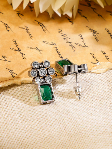 Rubans Oxidised Silver Plated Handcrafted Green Stone Floral Necklace Set