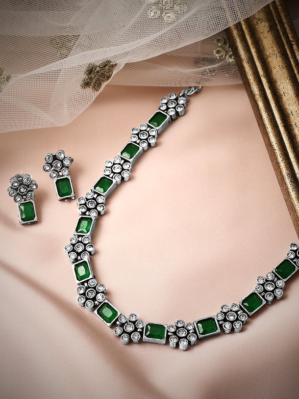 Rubans Oxidised Silver Plated Handcrafted Green Stone Floral Necklace Set