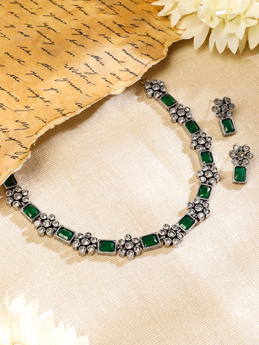 Rubans Oxidised Silver Plated Handcrafted Green Stone Floral Necklace Set
