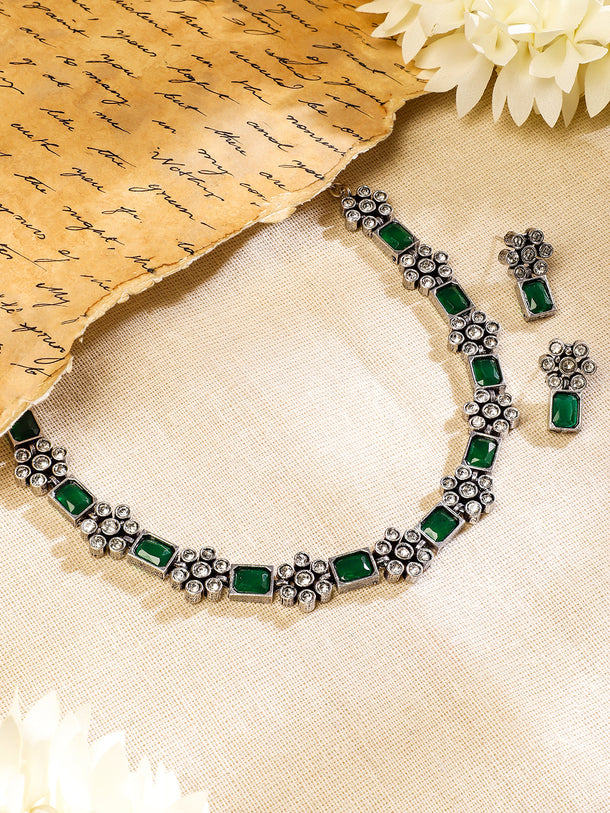 Rubans Oxidised Silver Plated Handcrafted Green Stone Floral Necklace Set
