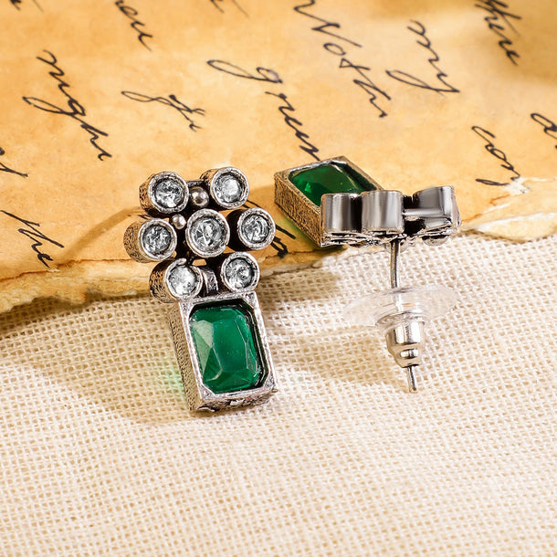 Rubans Oxidised Silver Plated Handcrafted Green Stone Floral Necklace Set