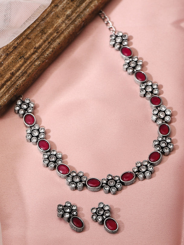Rubans Oxidised Silver Plated Handcrafted Ruby Stone Necklace Set