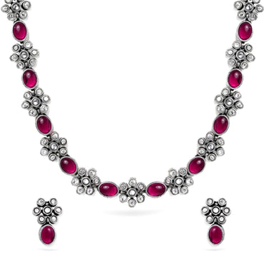 Rubans Oxidised Silver Plated Handcrafted Ruby Stone Necklace Set