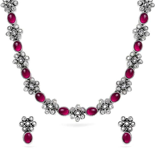 Rubans Oxidised Silver Plated Handcrafted Ruby Stone Necklace Set