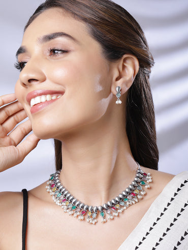 Multicolor Pearl Drop Oxidised Necklace Set