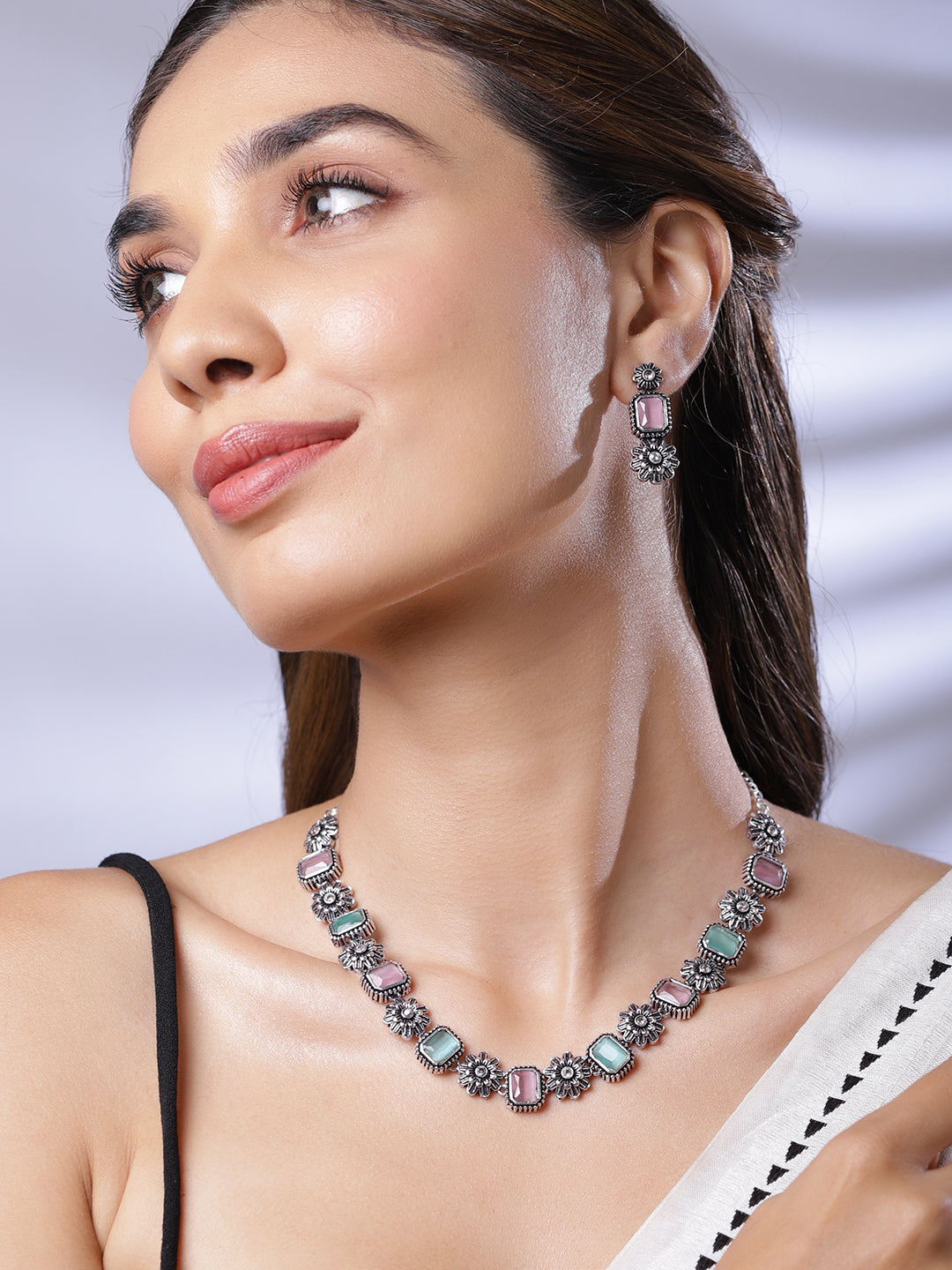 Pink & Blue Oxidized Floral Necklace Set