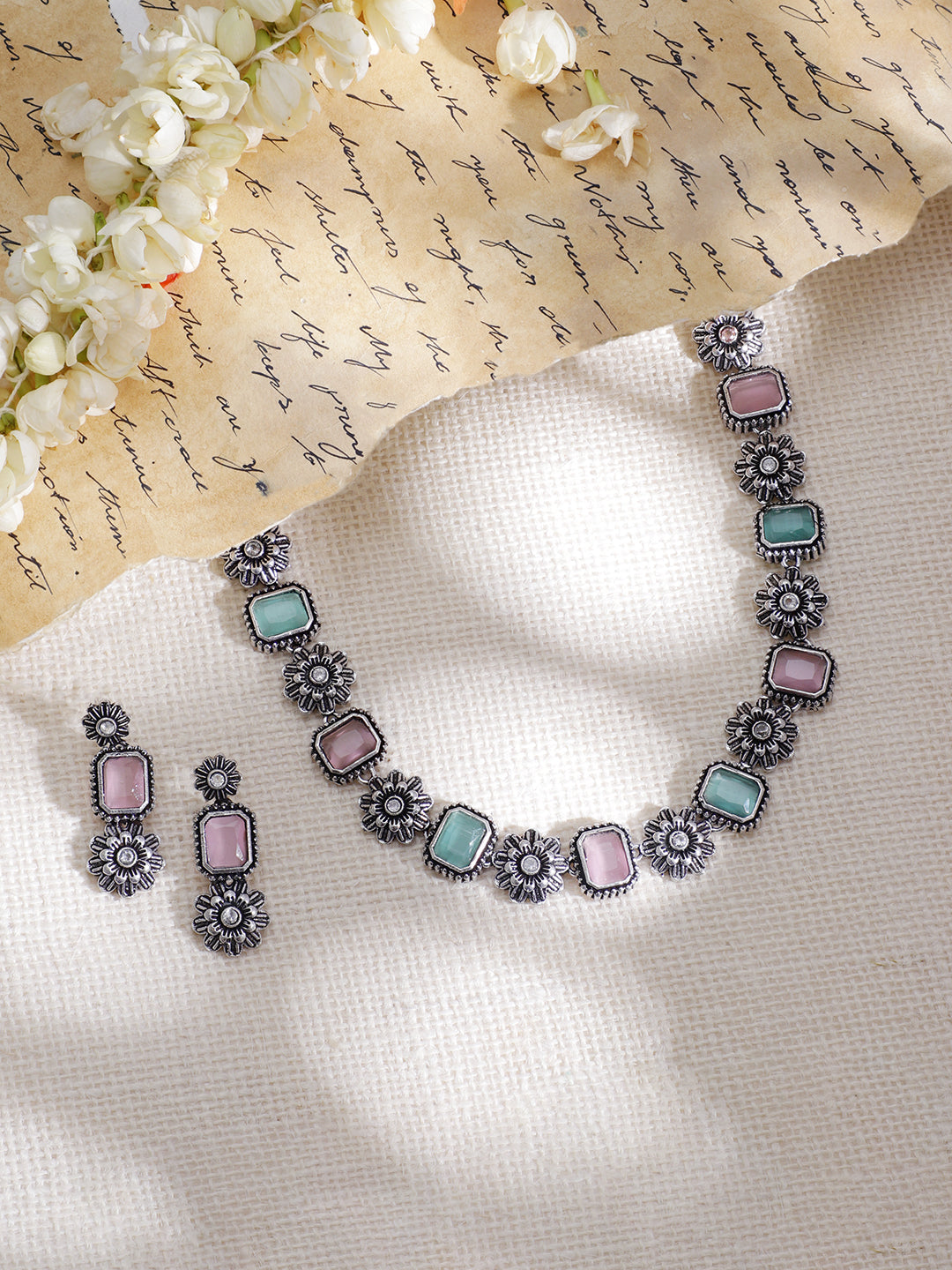 Pink & Blue Oxidized Floral Necklace Set
