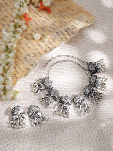 Elephant Motif Oxidised Pearl Drop Necklace Set