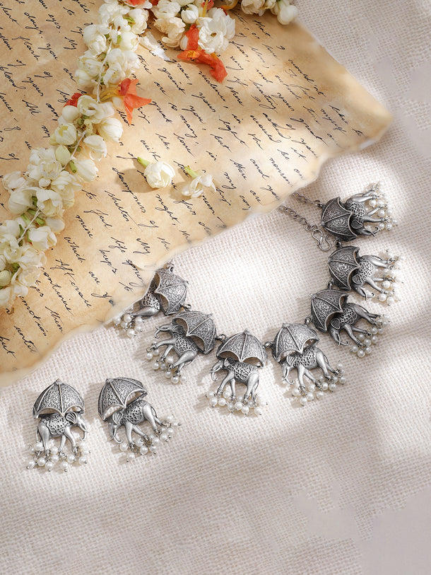 Elephant Motif Oxidised Pearl Drop Necklace Set