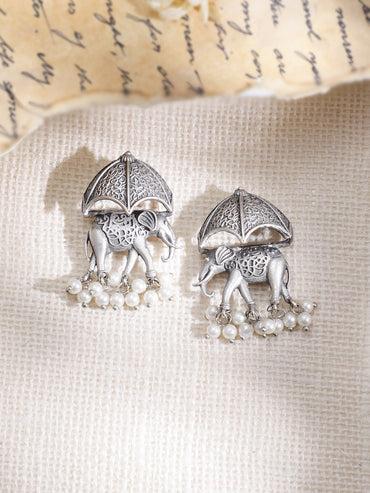 Elephant Motif Oxidised Pearl Drop Necklace Set