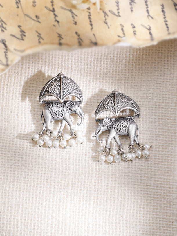 Elephant Motif Oxidised Pearl Drop Necklace Set