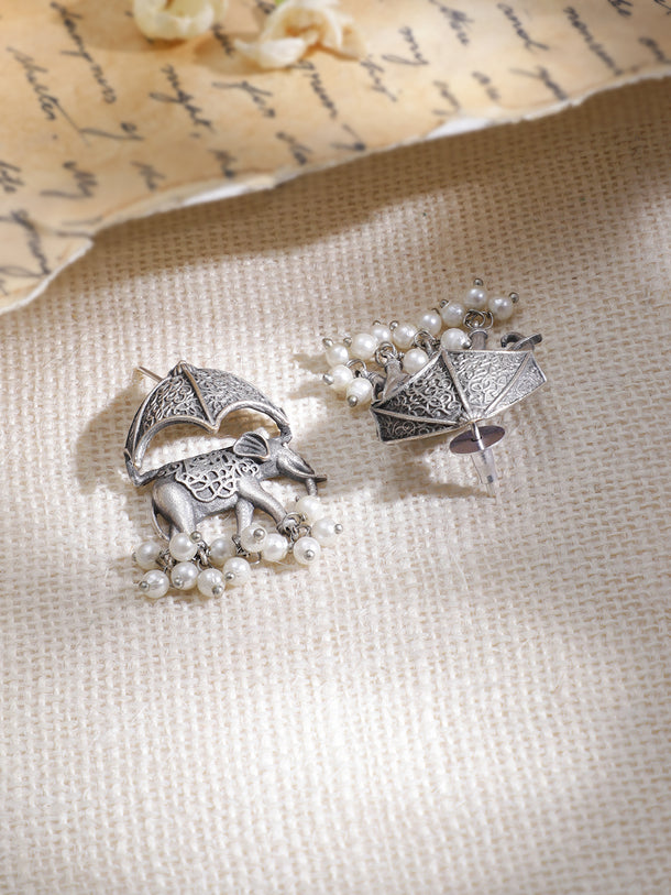 Elephant Motif Oxidised Pearl Drop Necklace Set