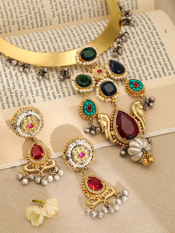 Multicolour Studded Gold Necklace Set